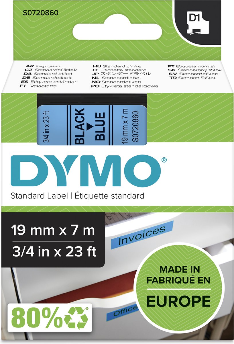 DYMO D1 tape | 19mm x 7m rulle | sort på blå