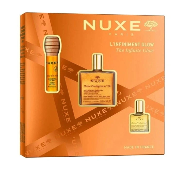 Nuxe The Infinite Glow zestaw prezentowy olejek 50 ml + serum do ust 10 ml + mini olejek 10 ml