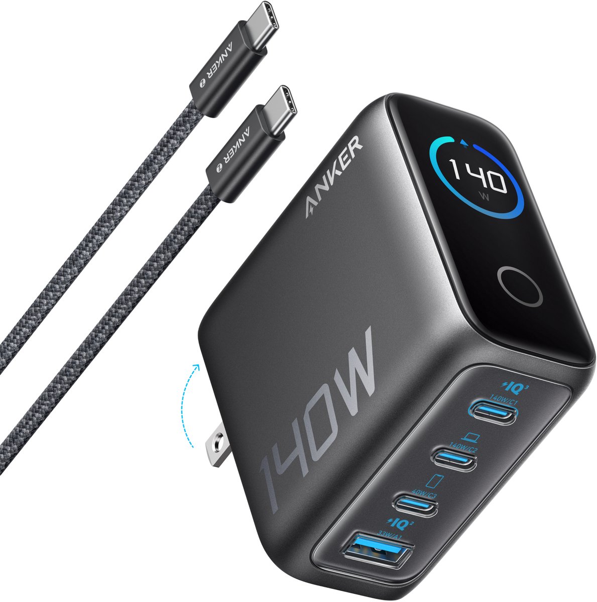 Anker Laddare 140W 4-portars med USB-C-kabel - Mörkgrå