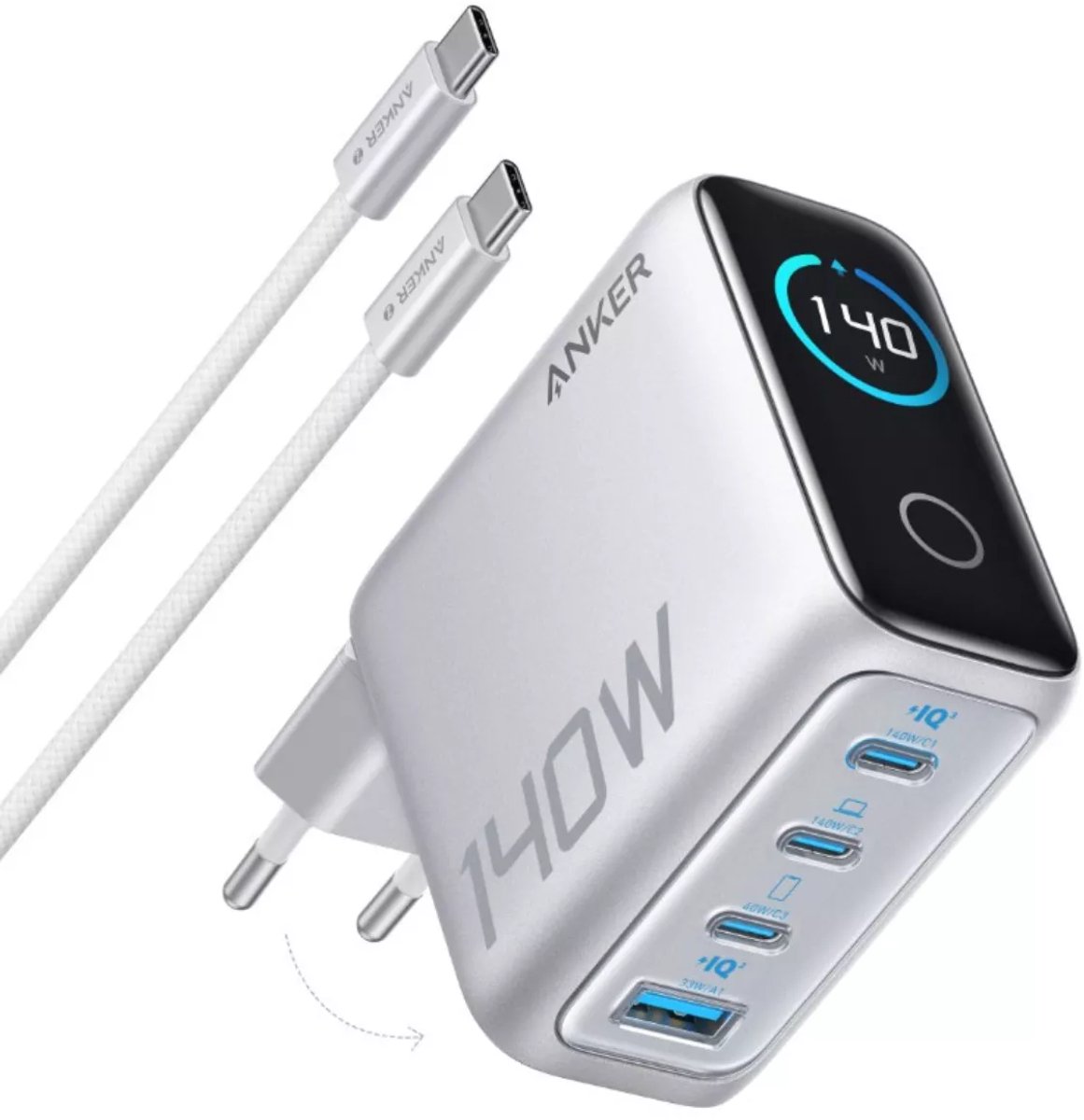 Anker Charger 140W 4-Port w/ USB-C Cable - Silver