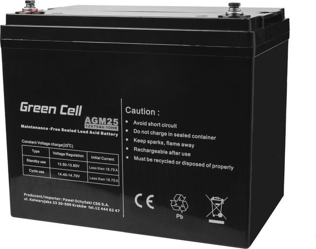 Green Cell AGM25 - 12V 75Ah VRLA Battery | AGM | Maintenance-Free