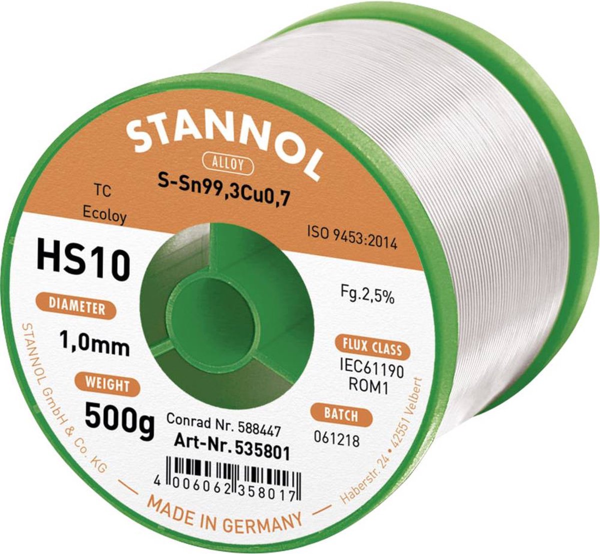 Stannol HS10 2510 Lödtenn, blyfri Spole Sn99,3Cu0,7 500 g 1 mm