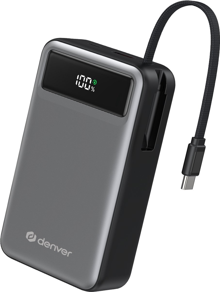DENVER PQCA-20650 - Fast charge Powerbank With PD65W USB-C cable built-in - 20000 Ah