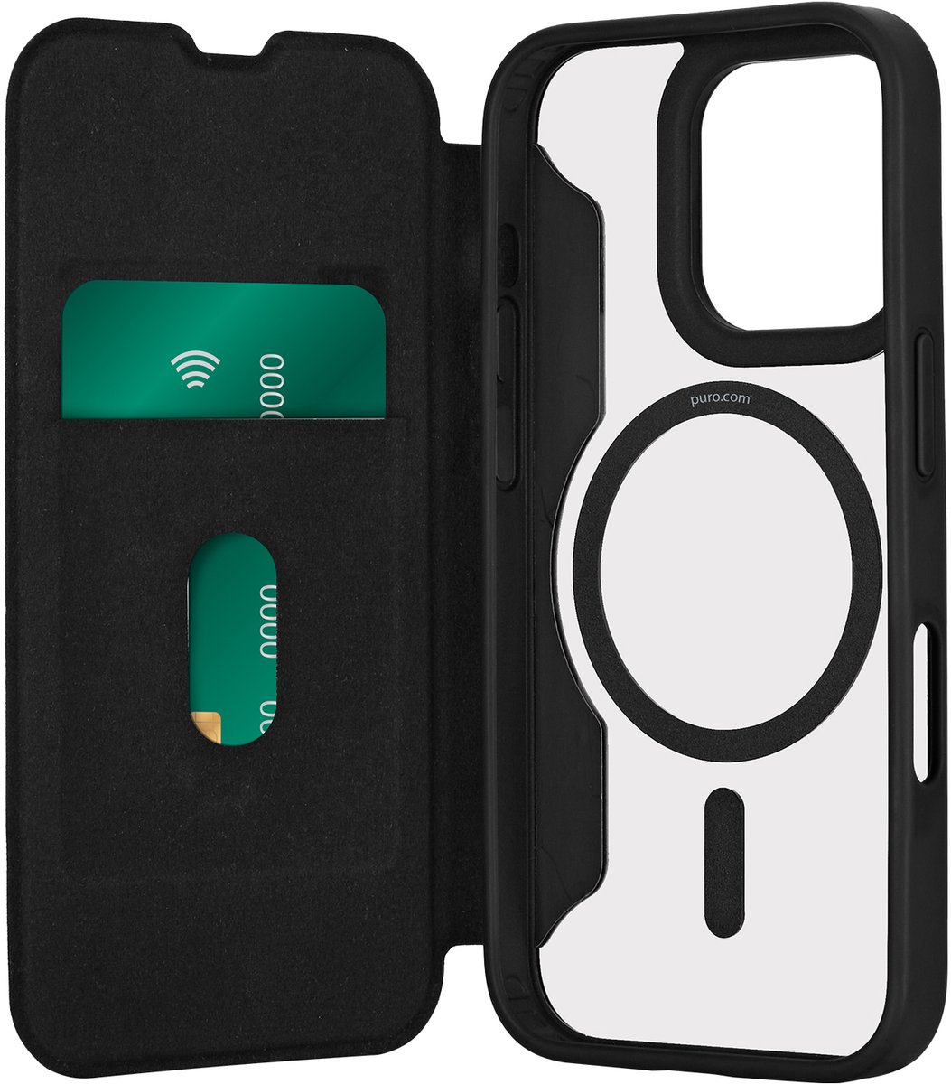 Puro Book Mag MagSafe Leather Case with Flap and Card Slot for iPhone 16 Pro Max - Black