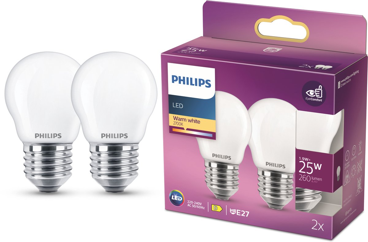 Philips LED-glödlampa Classic Mini-ball 2.2W/827 (25W) Frosted 2-pack E27