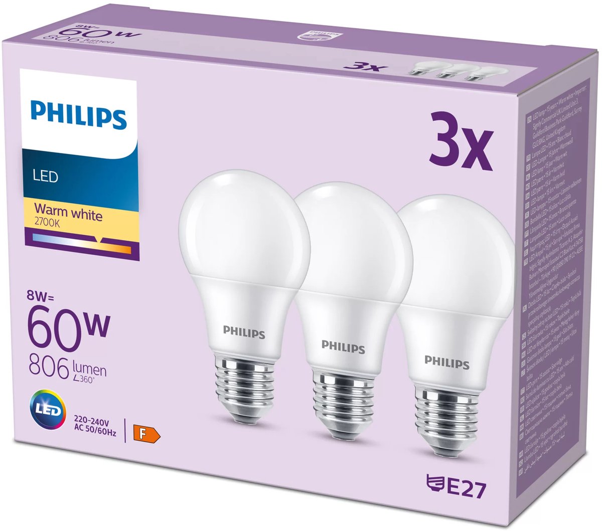 Philips 8719514452404 LED-lamp EEK F (A - G) E27 8 W = 60 W Varmvit 3 st