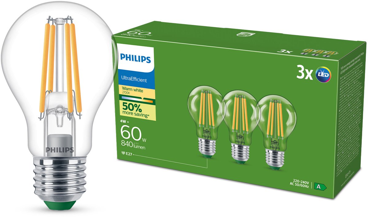 Philips 8720169283886 LED-lamp EEK A (A - G) E27 4 W = 60 W Varmvit 3 st