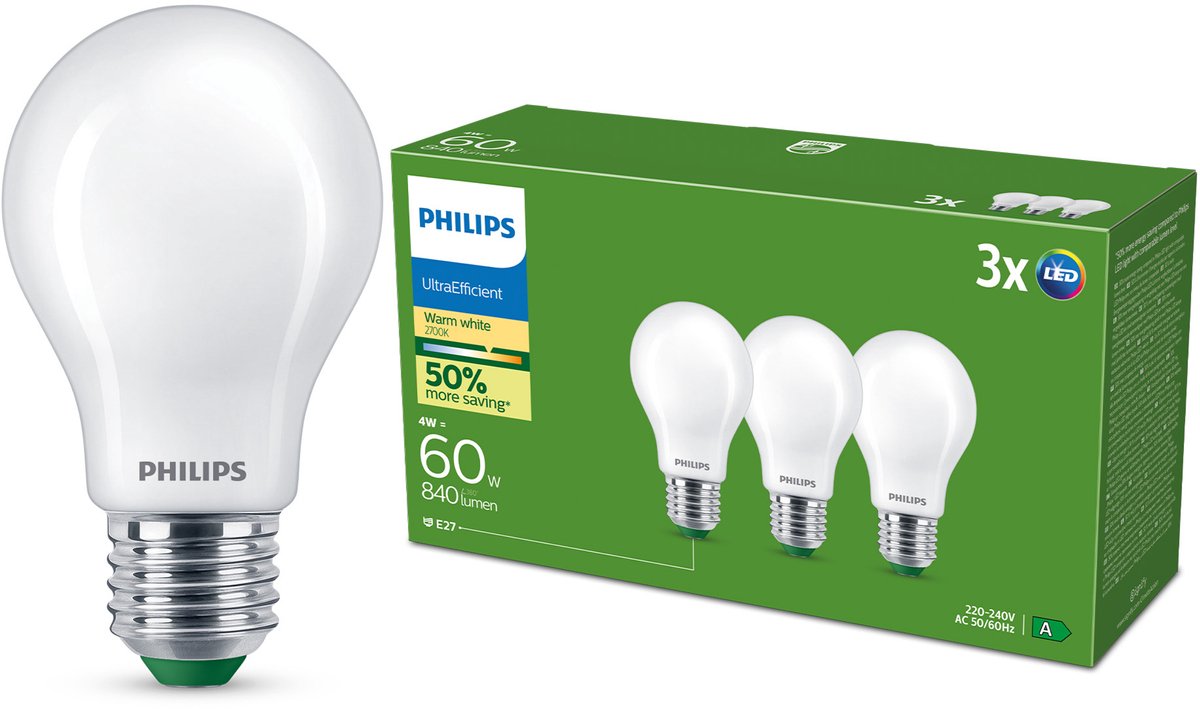 Philips 8720169283909 LED-lamp EEK A (A - G) E27 4 W = 60 W Varmvit 3 st