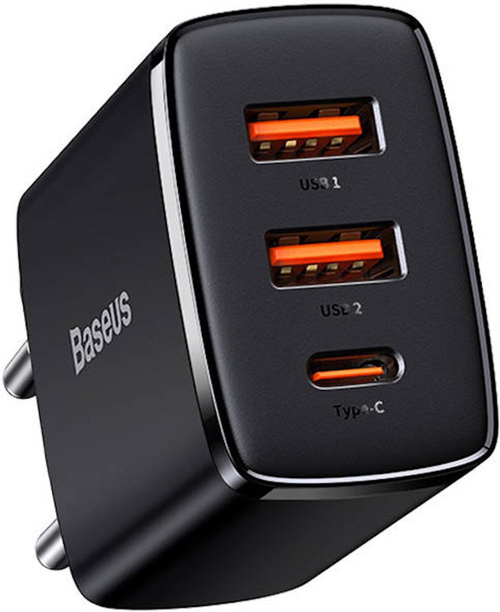 Baseus Compact Quick Charger 2 × USB-A + USB-C PD 3 A 30 W - Black