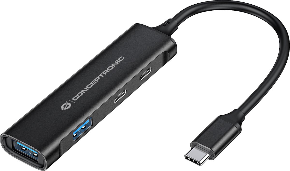 Conceptronic HUBBIES12B USB-hubb 2+2 Port USB-A, USB-C® USB 3.0 5 GBit/s med USB-C-kontakt Svart HUBBIES12B