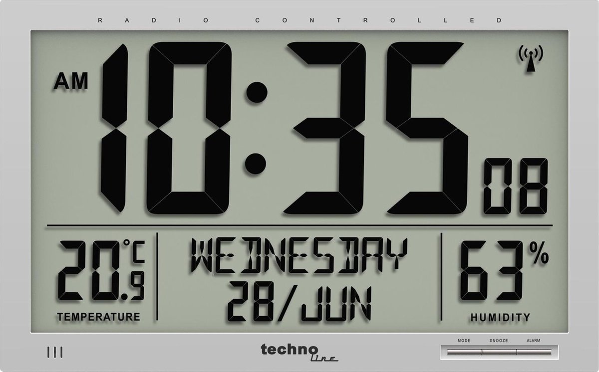 Techno Line WS 8013 DCF Väggklocka 36.9 cm x 22.9 cm x 2.4 cm Silver Stor display