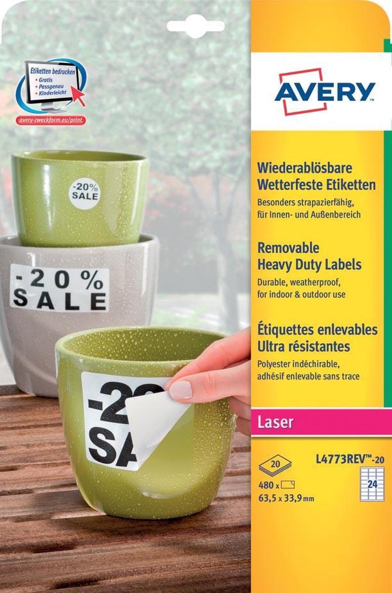 Avery Aftagelige holdbare etiketter, 63,5x33,9mm