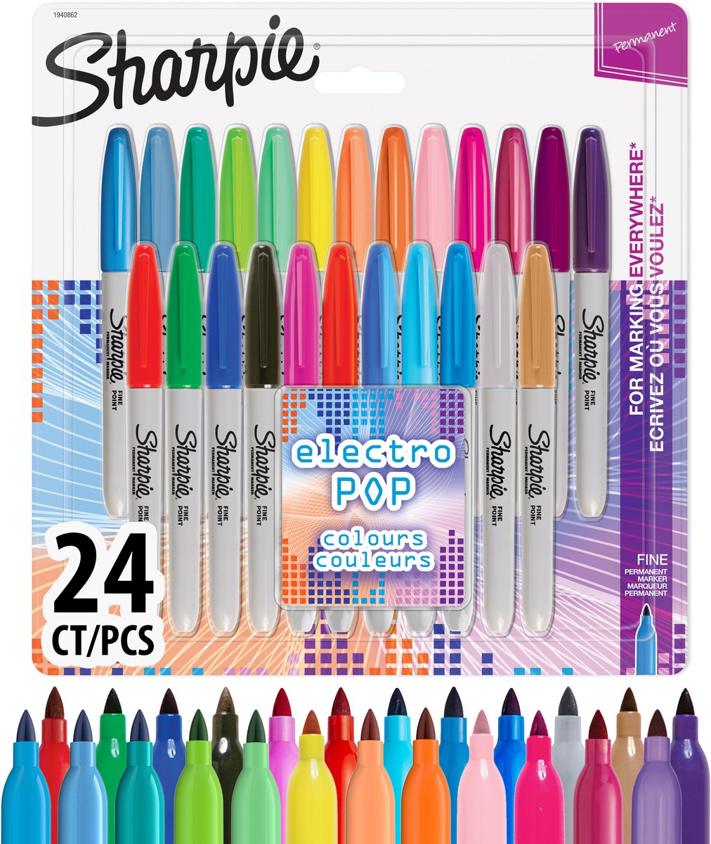 Sharpie Permanent Markers | Fin spids | Elektropop- og forskellige originale farver | 24 styk