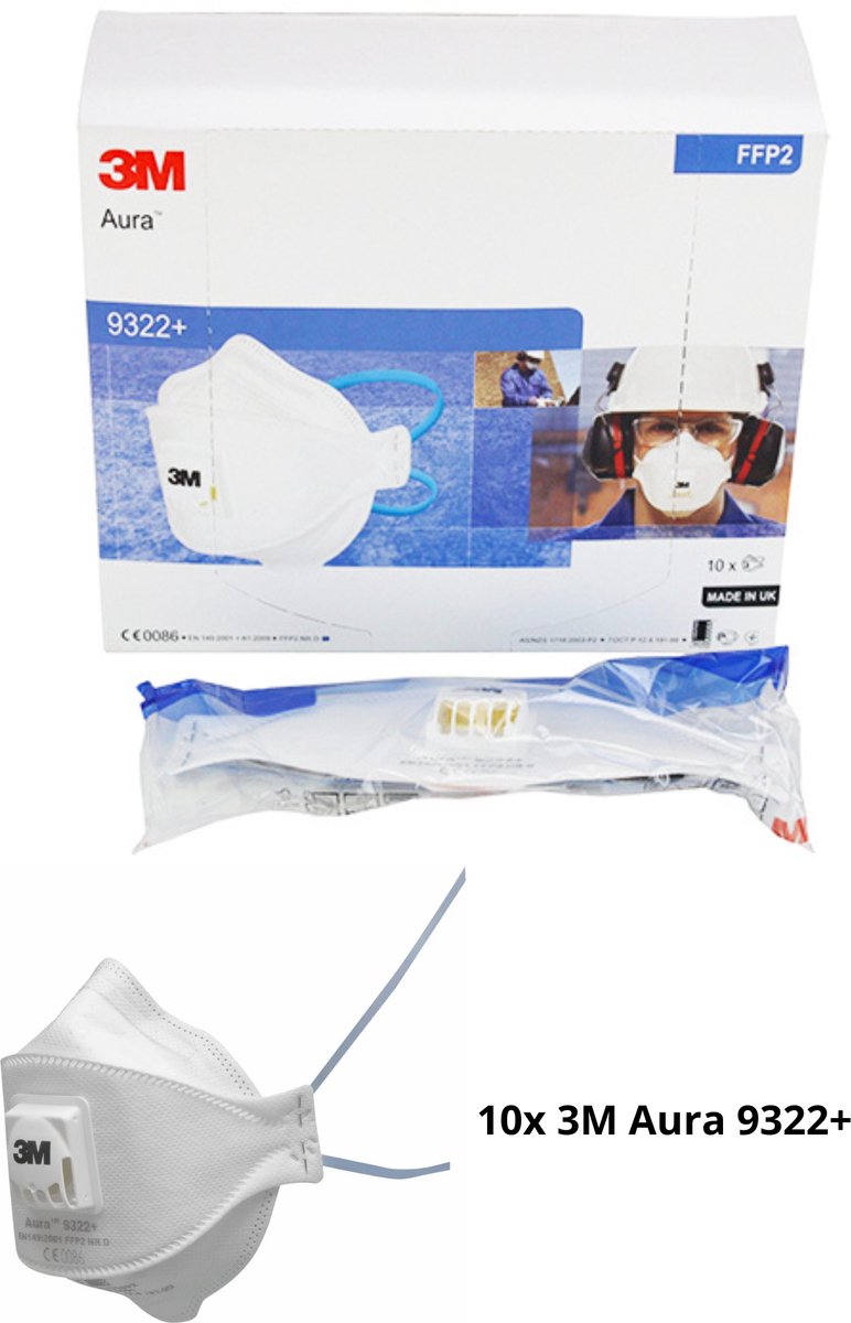 3M Aura™ 9322+ Dammskyddsmask med ventil FFP2 D 10 st EN 149:2001, EN 149:2009 DIN 149:2001, DIN 149:2009