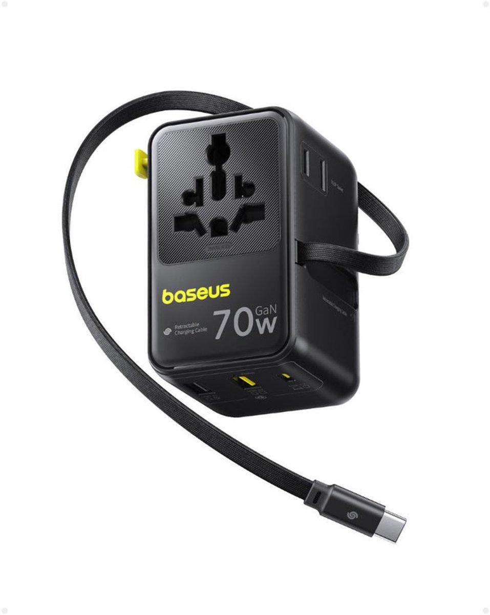 Baseus EnerCore CG11 70W 6-in-1 Travel Adapter with Retractable USB-C Cable - Black