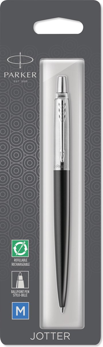 Parker Jotter kuglepen | Bond Street sort med detaljer i krom | medium spids blå blæk