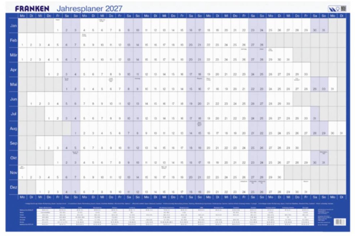 Franken PKH100227 Skrivunderlägg Årsplan 2027 Vit, Blå (B x H) 910 mm x 610 mm 1 st PKH100227