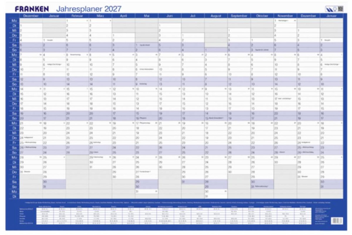 Franken PKV100227 Skrivunderlägg Årsplan 2027 Vit, Blå (B x H) 910 mm x 610 mm 1 st PKV100227