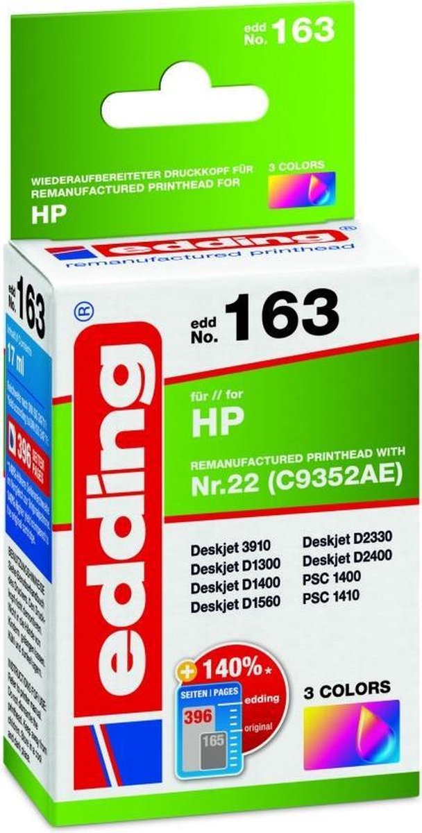 Edding Bläck Ersätter HP 22XL (C9352CE) Kompatibel Färg EDD-163 18-163