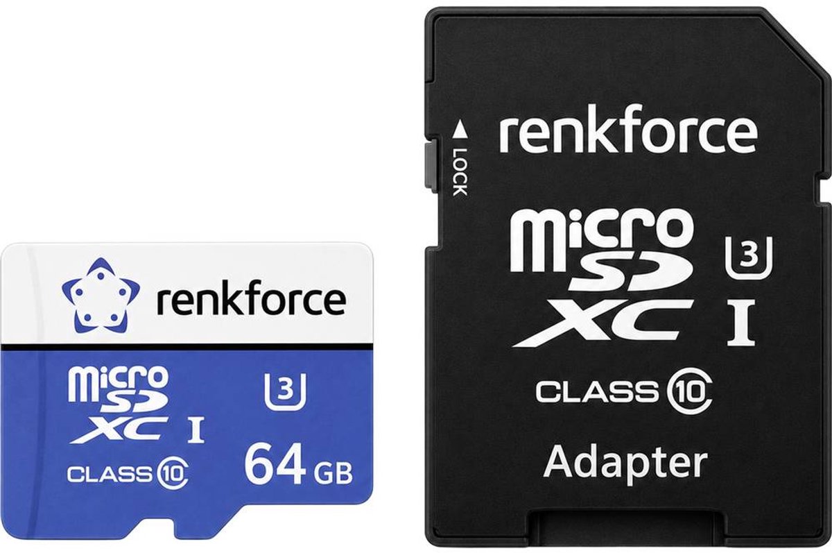 Renkforce RFmSD64 microSDXC-Kort 64 GB A1 Application Performance Class, v30 Video Speed Class inkl. SD-adapter, A1-prestandastandard