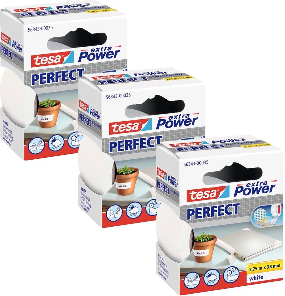 tesa EXTRA POWER PERFECT 56343-00501-04 Tygtejp Vit (L x B) 2.75 m x 38 mm 3 st