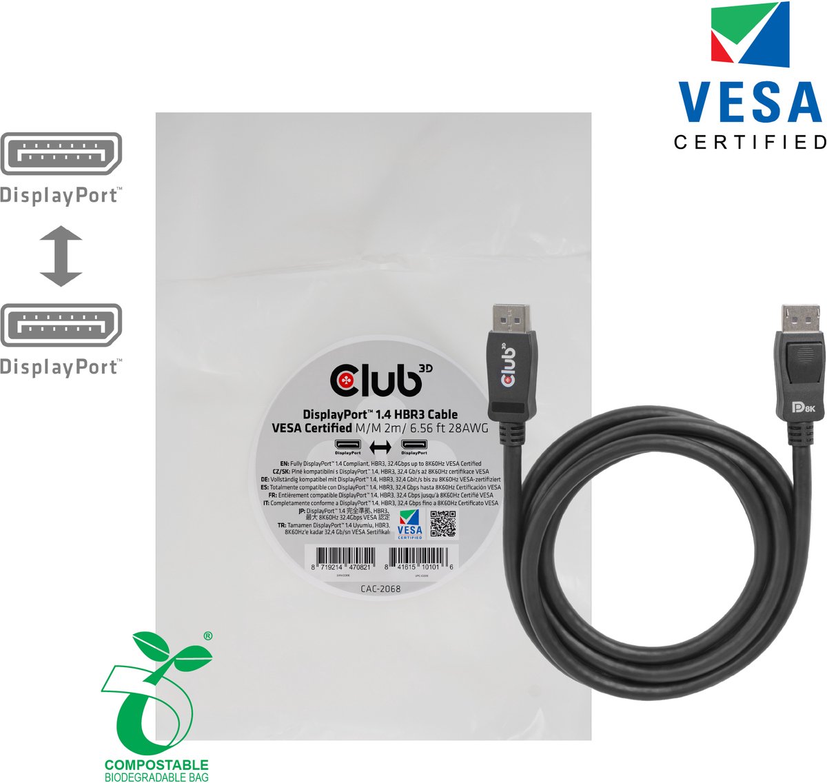 club3D DisplayPort Anslutningskabel DisplayPort-kontakt, DisplayPort-kontakt 2.00 m Svart CAC-2068 Flamskyddsmedel, 8K UHD DisplayPort-kabel