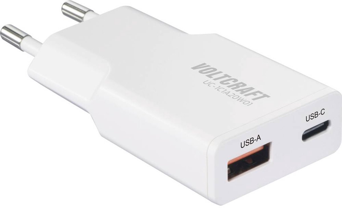 VOLTCRAFT UC-1C1A20W01 USB-laddare 20 W 1x USB-A, 1x USB-C® Fast Charge, Power Delivery 3.0 Vit GaN