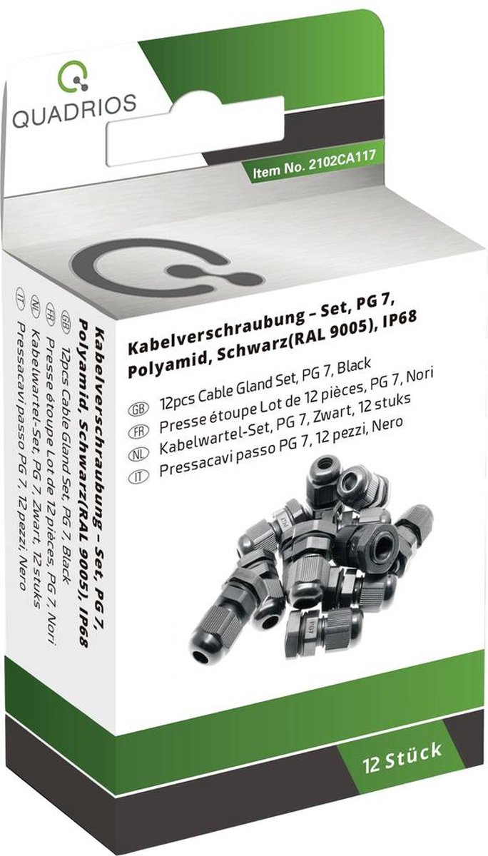 Quadrios 2102CA117 Kabelförskruvning sortiment vattentät PG7 PA66 Svart 1 set