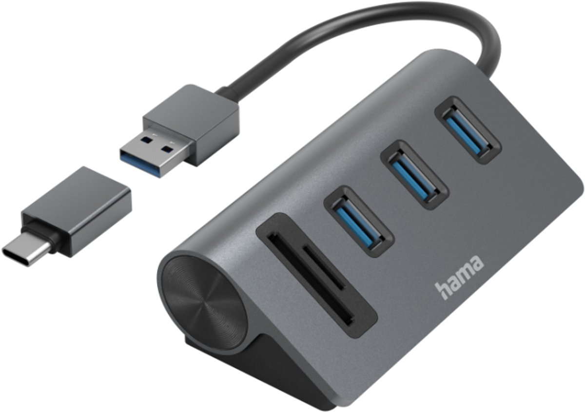 Hama 00200140 USB-hubb 5 Port USB-A, microSD, SD USB 3.2 Gen1 5 GBit/s SD-kortläsare, med USB-C-kontakt Grå