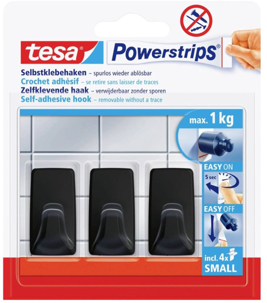 tesa Black Hooks S PowerLISTER vidhäftande krok Small kantig Svart