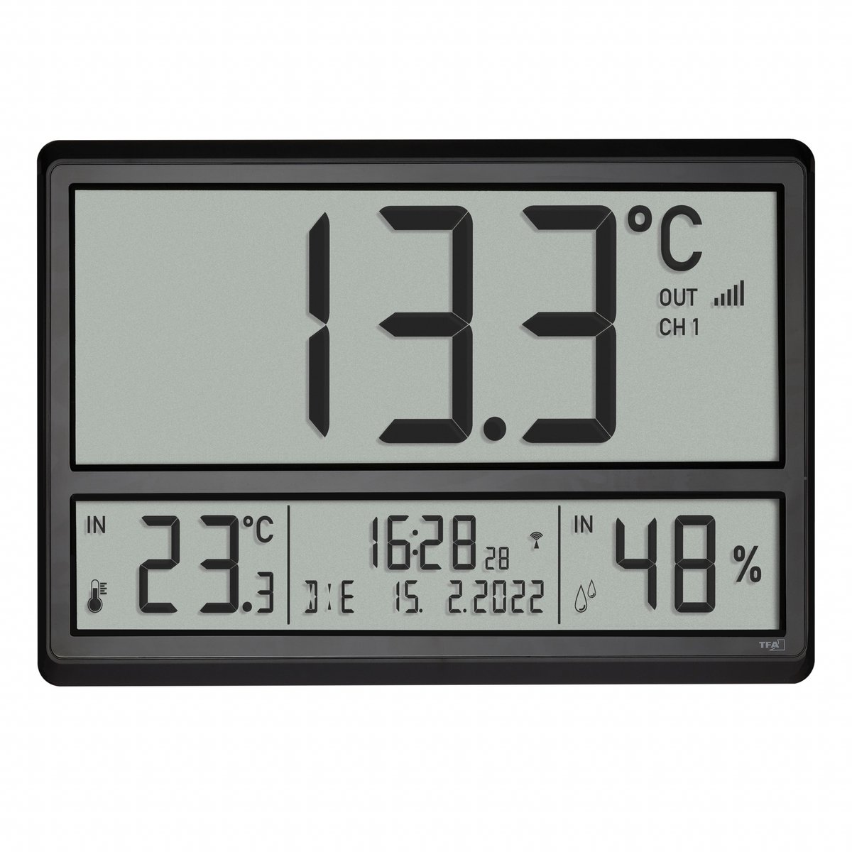 TFA Dostmann 60.4523.01 DCF Väggklocka 36 cm x 23.5 cm x 2.8 cm Svart Stor display