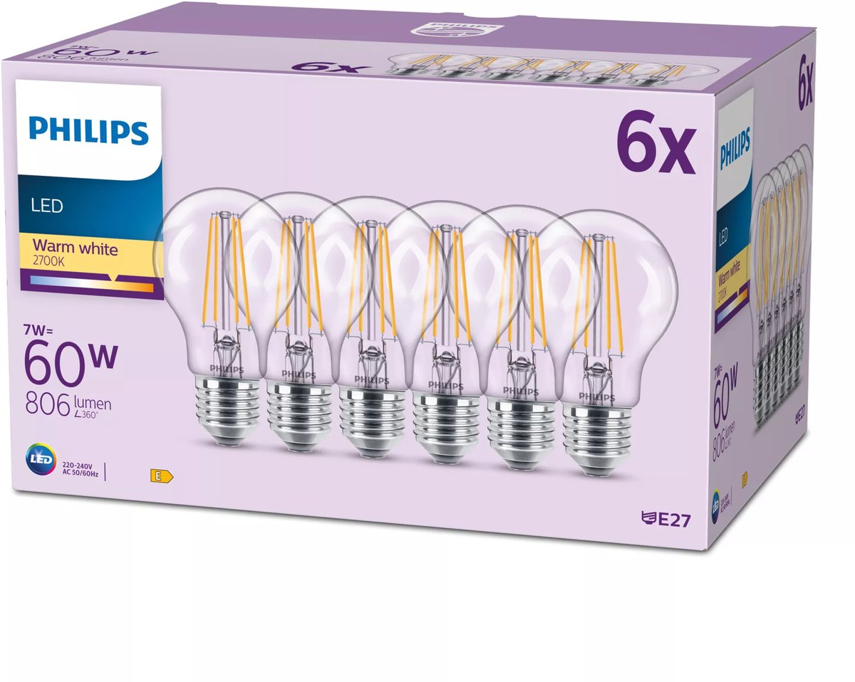 Philips LED 9290012430 LED-lamp EEK E (A - G) E27 Päronform 7 W = 60 W Varmvit (Ø x H) 50 mm x 106 mm 6 st