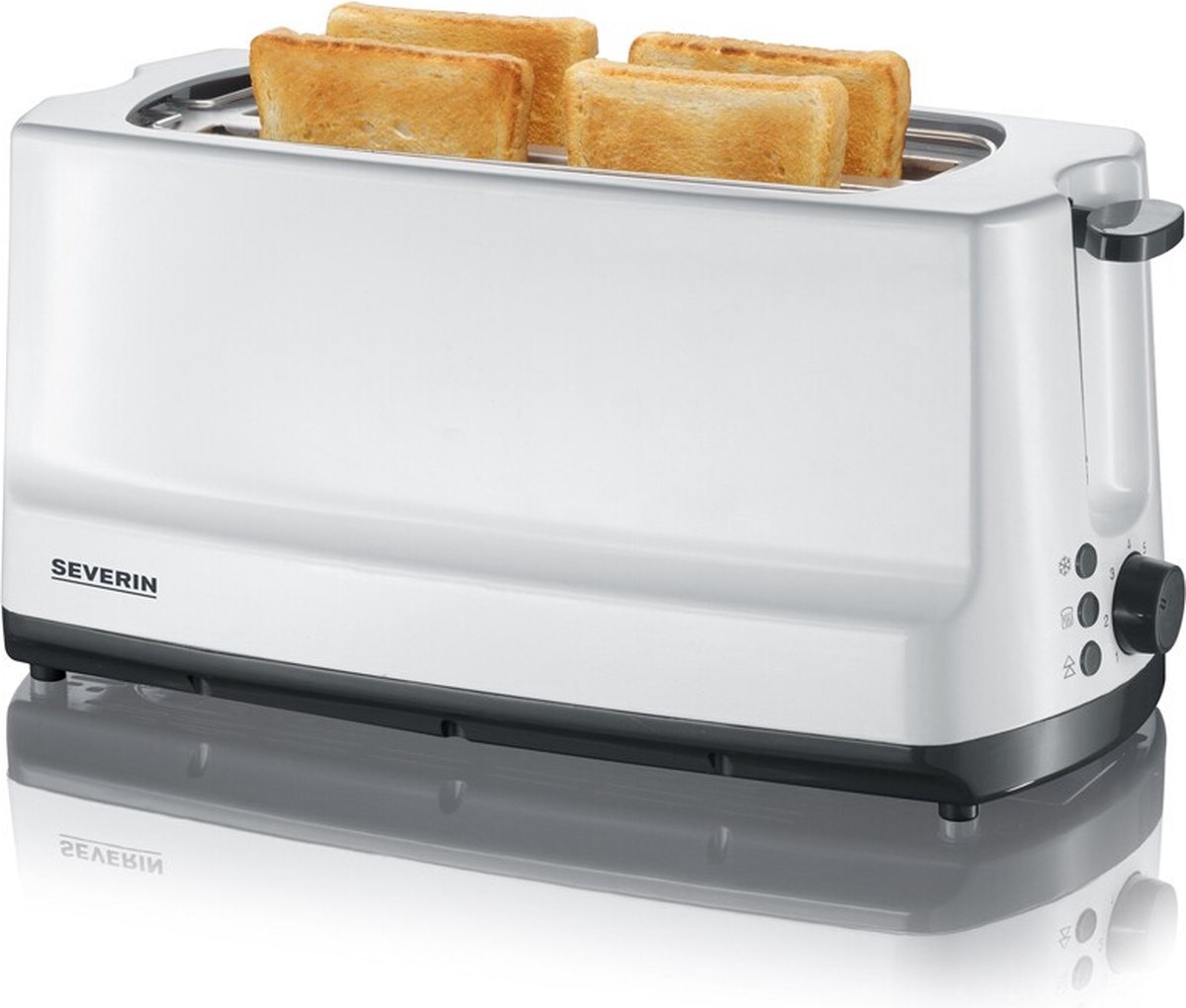 Severin SEVERIN START AT 2234 - Toaster - 4 Scheibe - 2 Steckplatz Brödrost långt fack med brödvärmare Vit, Grå