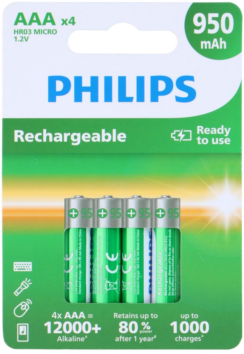 Philips HR03 Laddbart batteri AAA (R03) NiMH 900 mAh 1.2 V 4 st