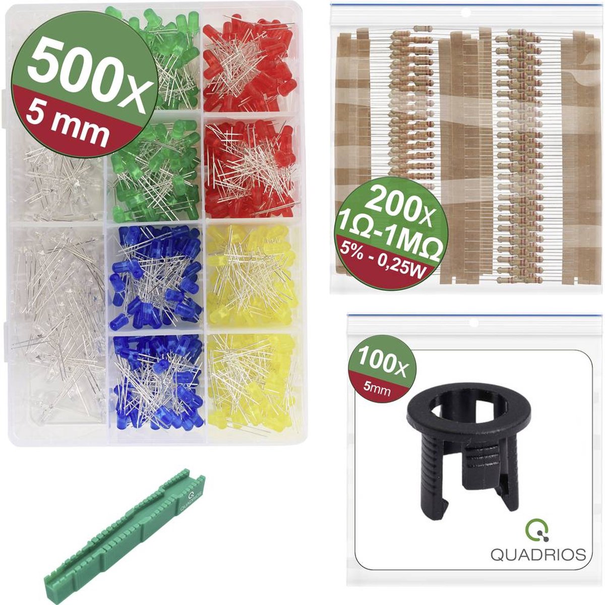 Quadrios 24O196 LED sortiment Röd, Grön, Gul, Blå, Vit 5 mm 700 mcd 20 mA 3 V