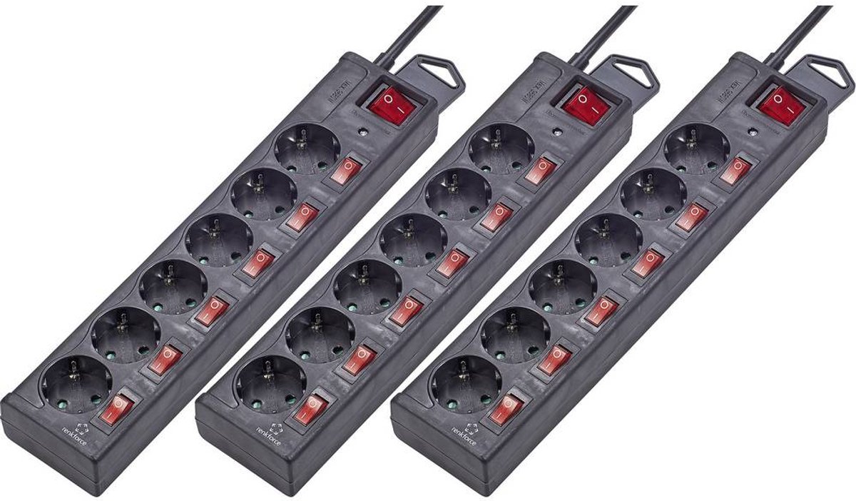 Renkforce RF-3050852 Grenuttag med överspänningsskydd 6x Svart Skyddskontakt 3 st