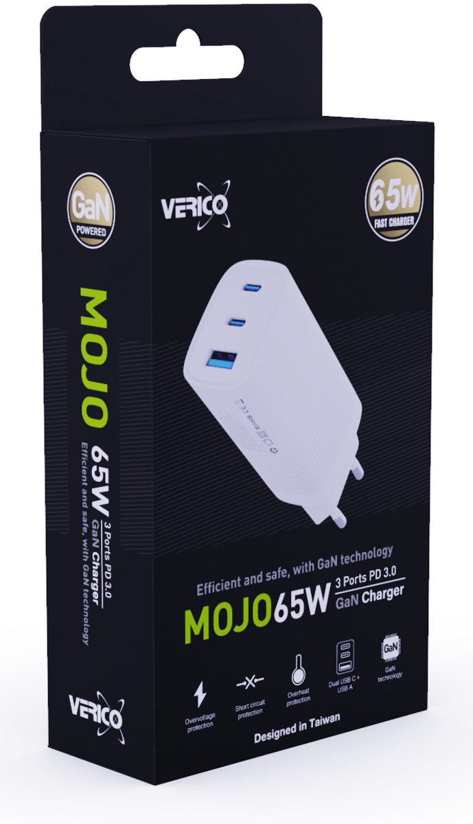 Verico Mojo 65W GaN 3 USB-laddare 65 W 1x USB-A, 2x USB-C® Power Delivery Vit Inomhus