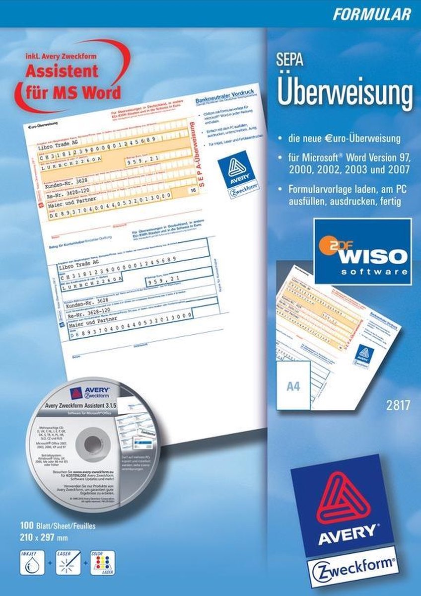 Avery-Zweckform Överföring, formulär SEPA-Überweisung DIN A4 Antal ark: 100 2817