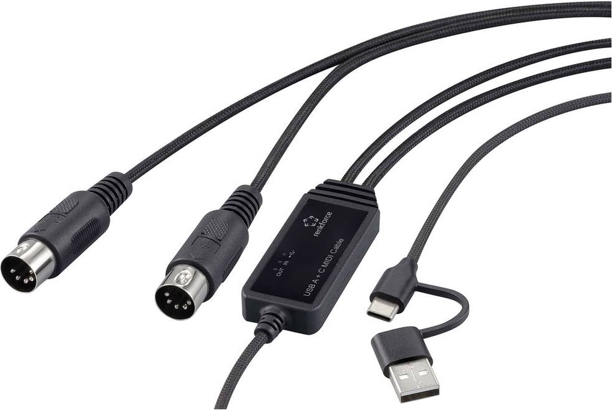 Renkforce RF-6439636 USB, MIDI Adapter [2x DIN-hane 5-pol - 1x USB-C®, USB-A] Svart 2 m