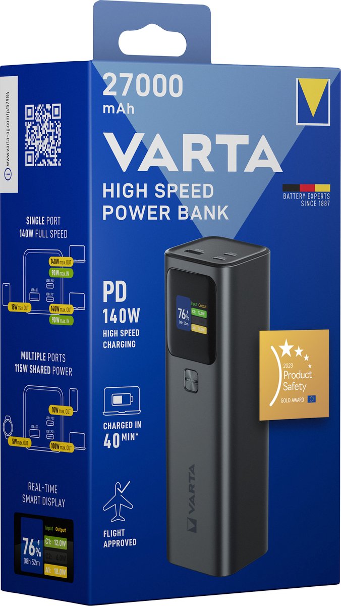 Varta 57984 Powerbank 27000 mAh Quick Charge, Power Delivery Statusindikering