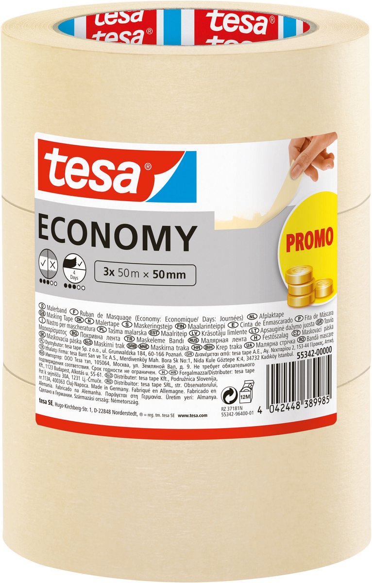 tesa Economy 55342-00000-00 Målartejp Vit (L x B) 50 m x 50 mm 3 st