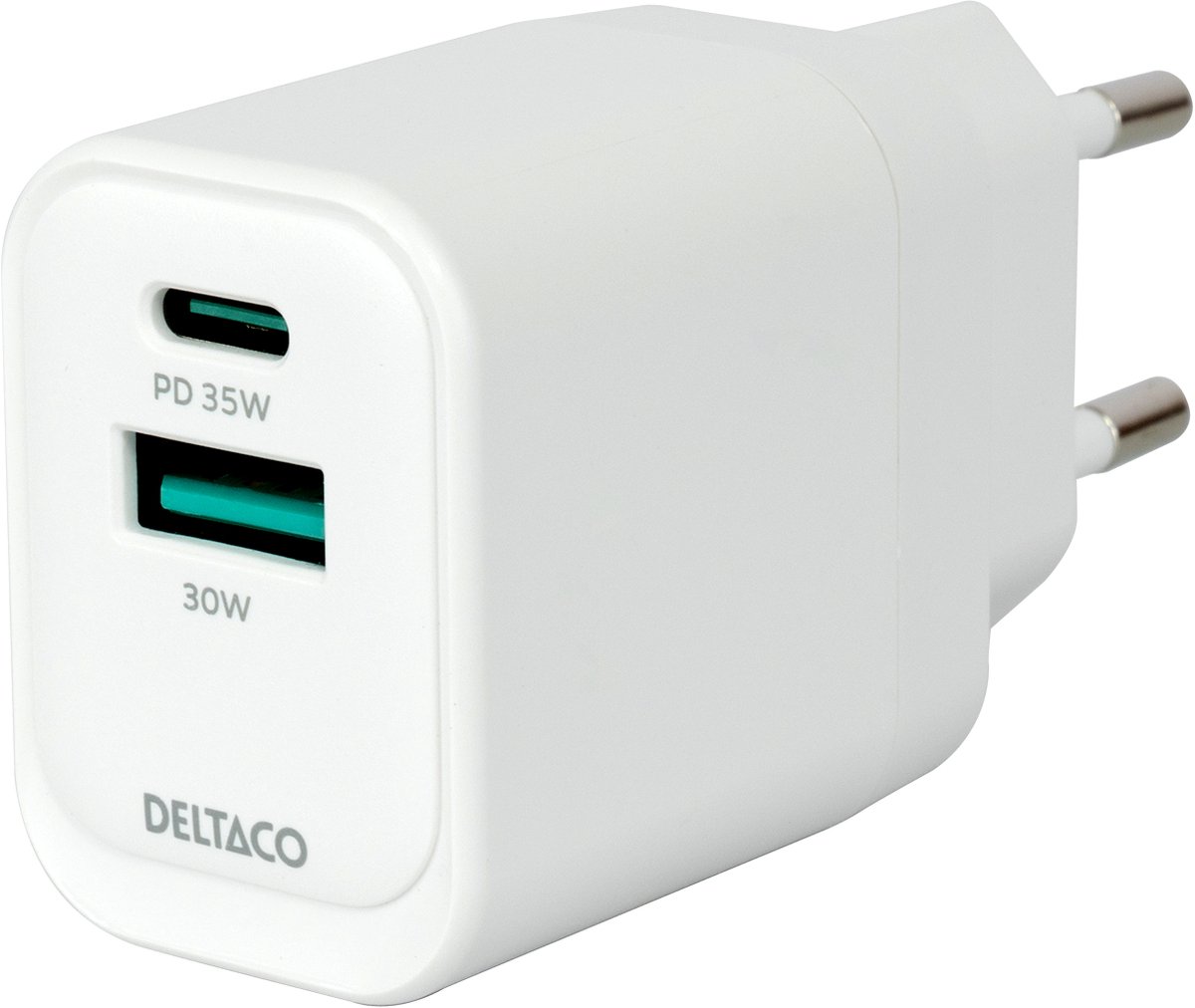 Deltaco USB GaN Wall Charger PD 35W | 1x USB-A | 1x USB-C | PPS + Samsung SFC 25W | White