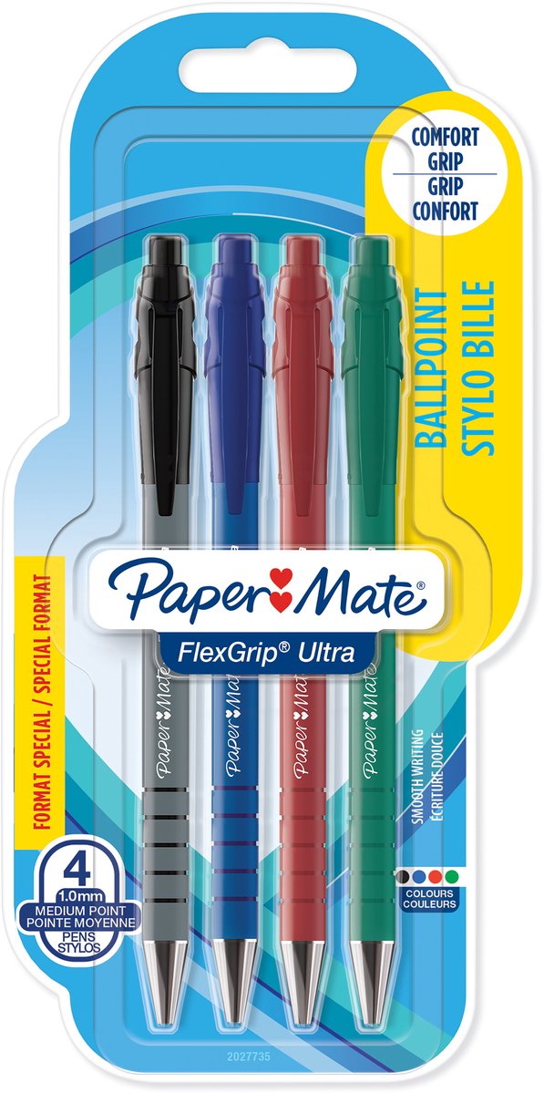 Paper Mate Flexgrip Ultra Kulspetspenna med tryckknapp | Mediumspets (1,0 mm) | Sorterade färger | Förpackning med 3+1