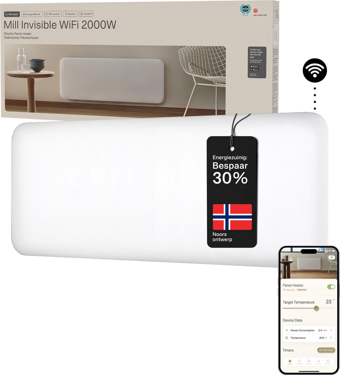 Mill Invisible WiFi Gen 3 panelövn 2000W (vit)