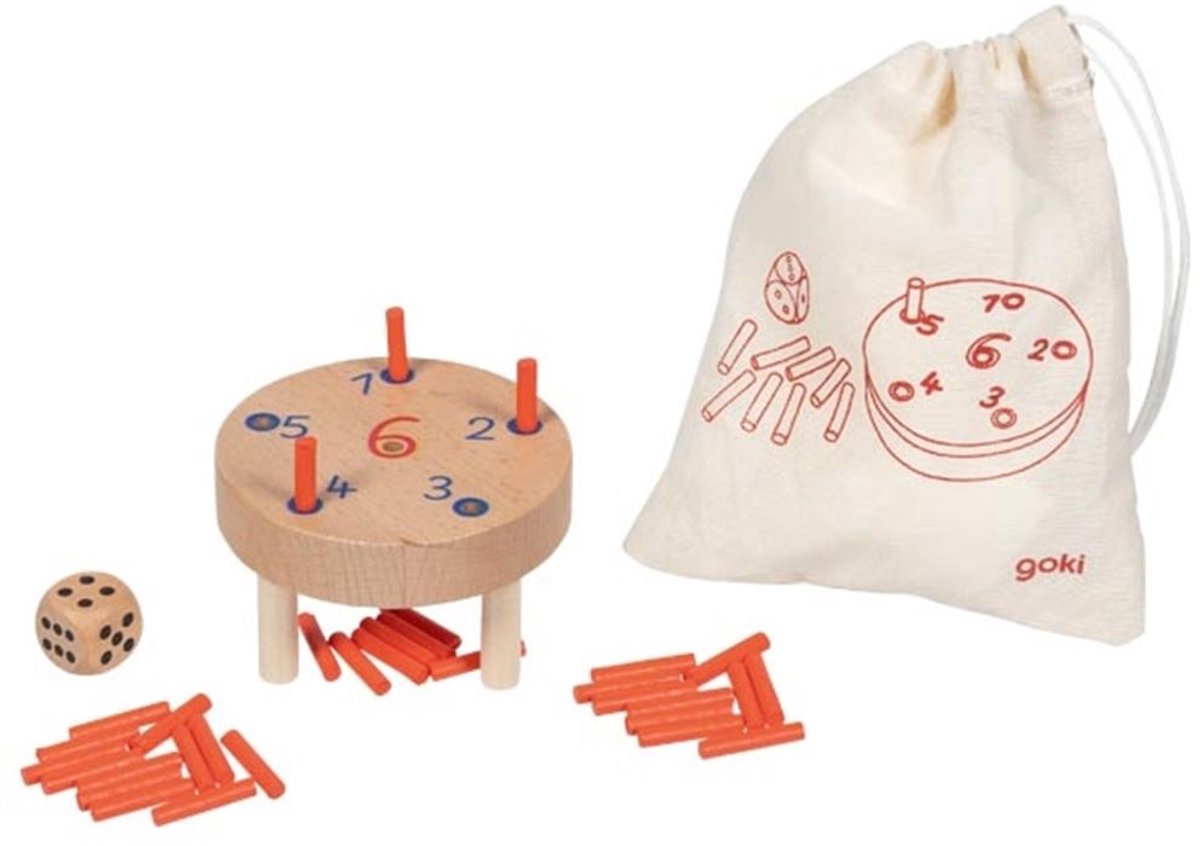 Goki Wooden Dice Game in Cotton Storage Bag