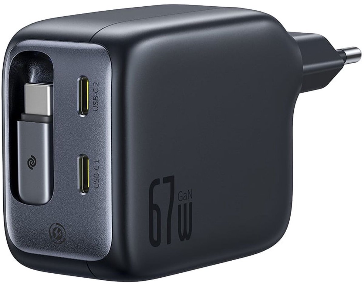 Baseus EnerCore CJ11 67W Wall Charger with Two USB-C Ports and Retractable USB-C Cable - Black