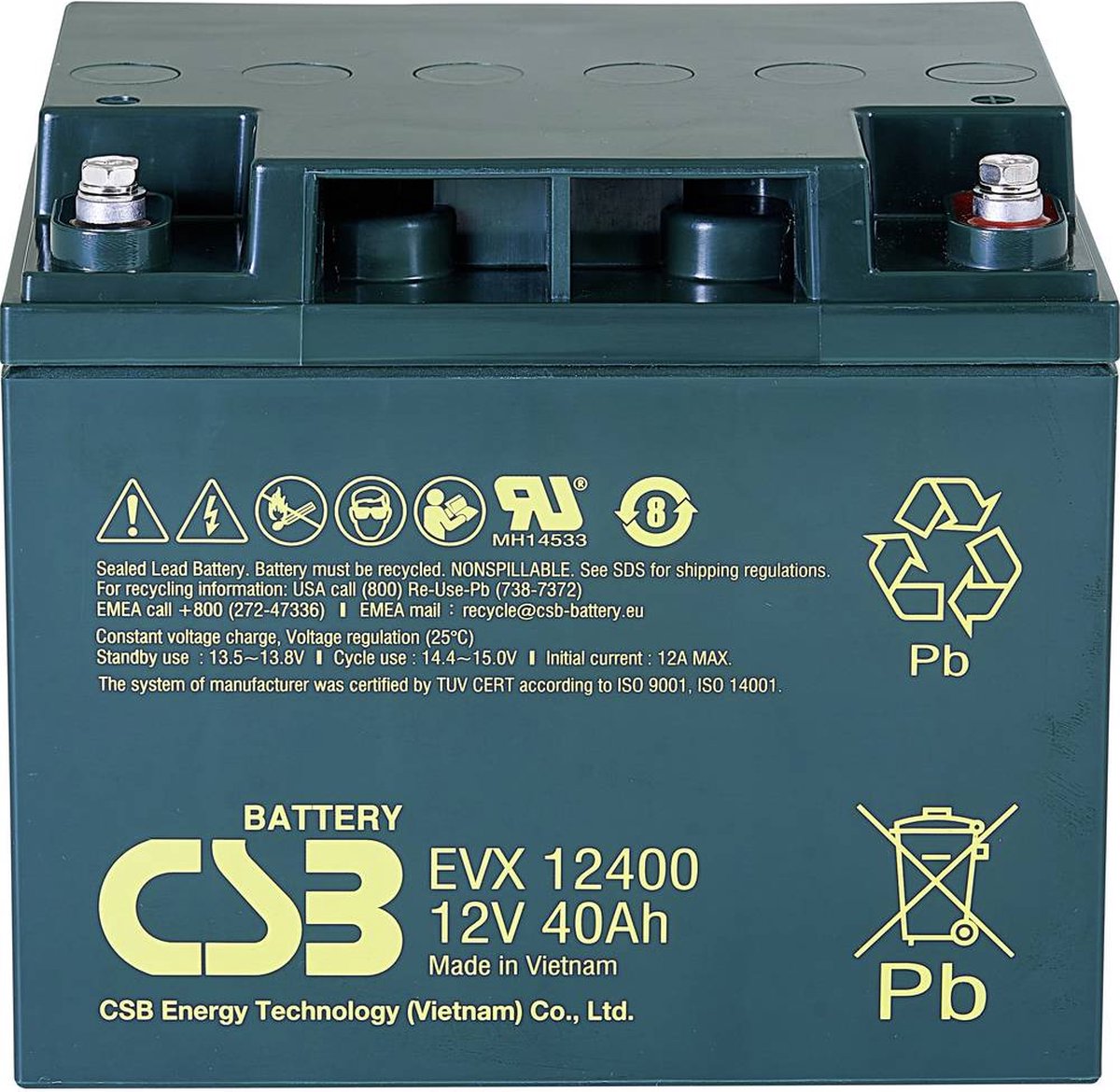 CSB Battery EVX 12400 Blybatteri 12 V 40 Ah Blyfleece (B x H x T) 197 x 170 x 165 mm M5 skruetilslutning Cyklusstabilt, Vedligeholdelsesfri, Lav selvafladning