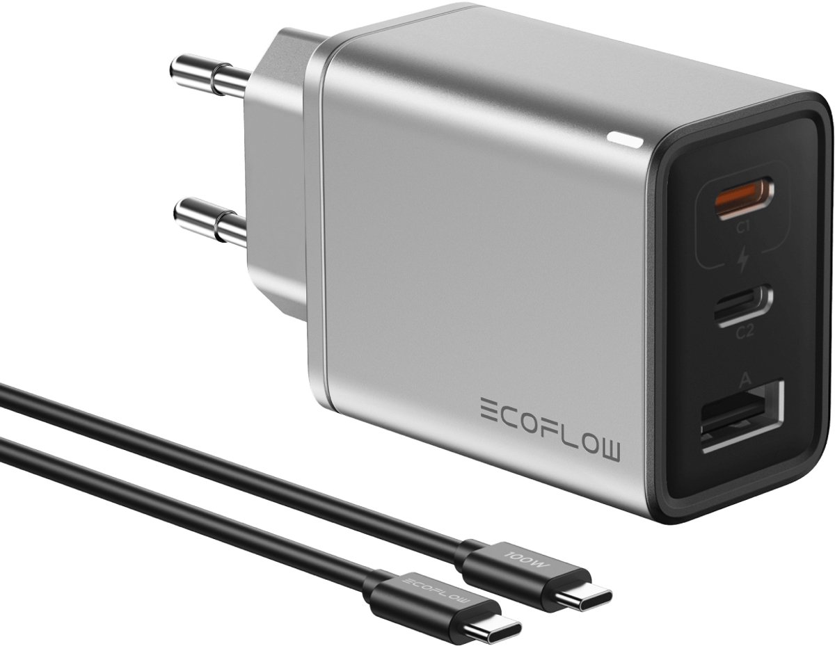 EcoFlow Rapid - GaN Fast Charger 65W (USB-A & 2x USB-C) + 1m 100w USB-C cable