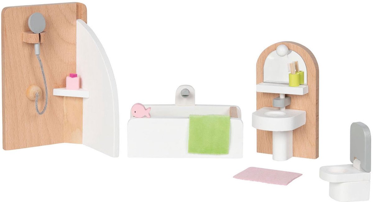 Goki Wooden Doll Furniture Bathroom 10 pieces.