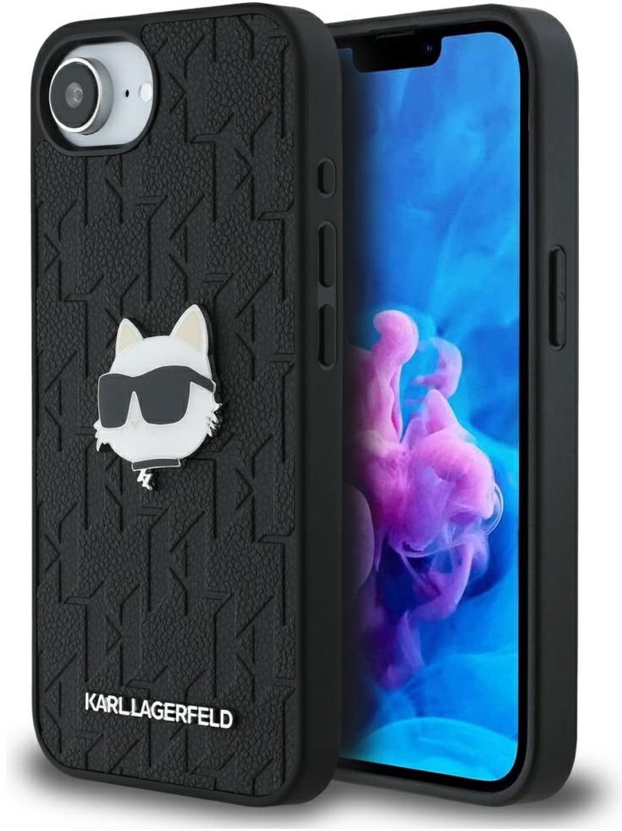 Karl Lagerfeld Monogram Choupette Head Pin iPhone 16e Case - Black
